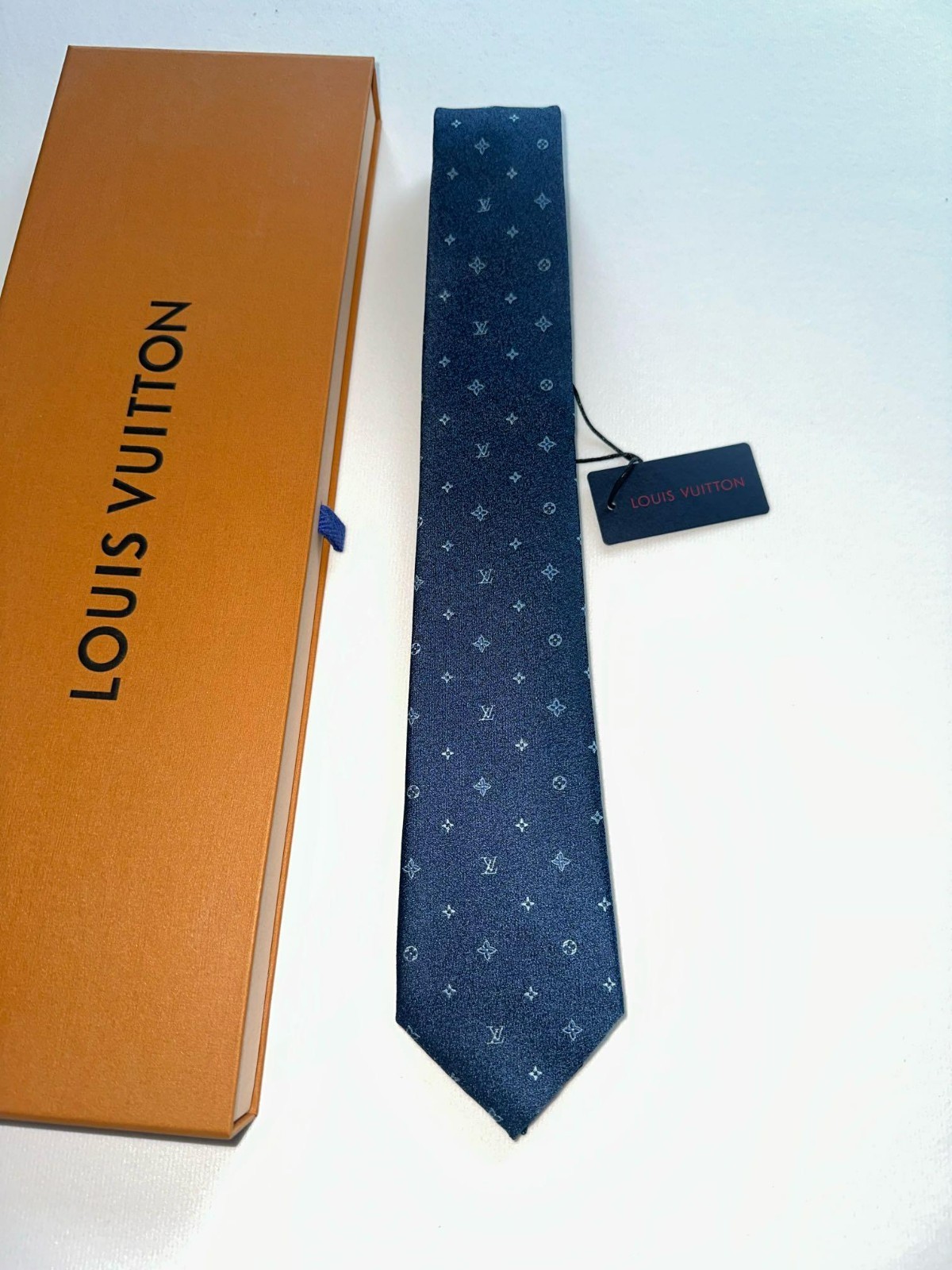 Authentic Louis Vuitton 100% Silk Tie Micro Monogram Tie Blue Made in Italy
