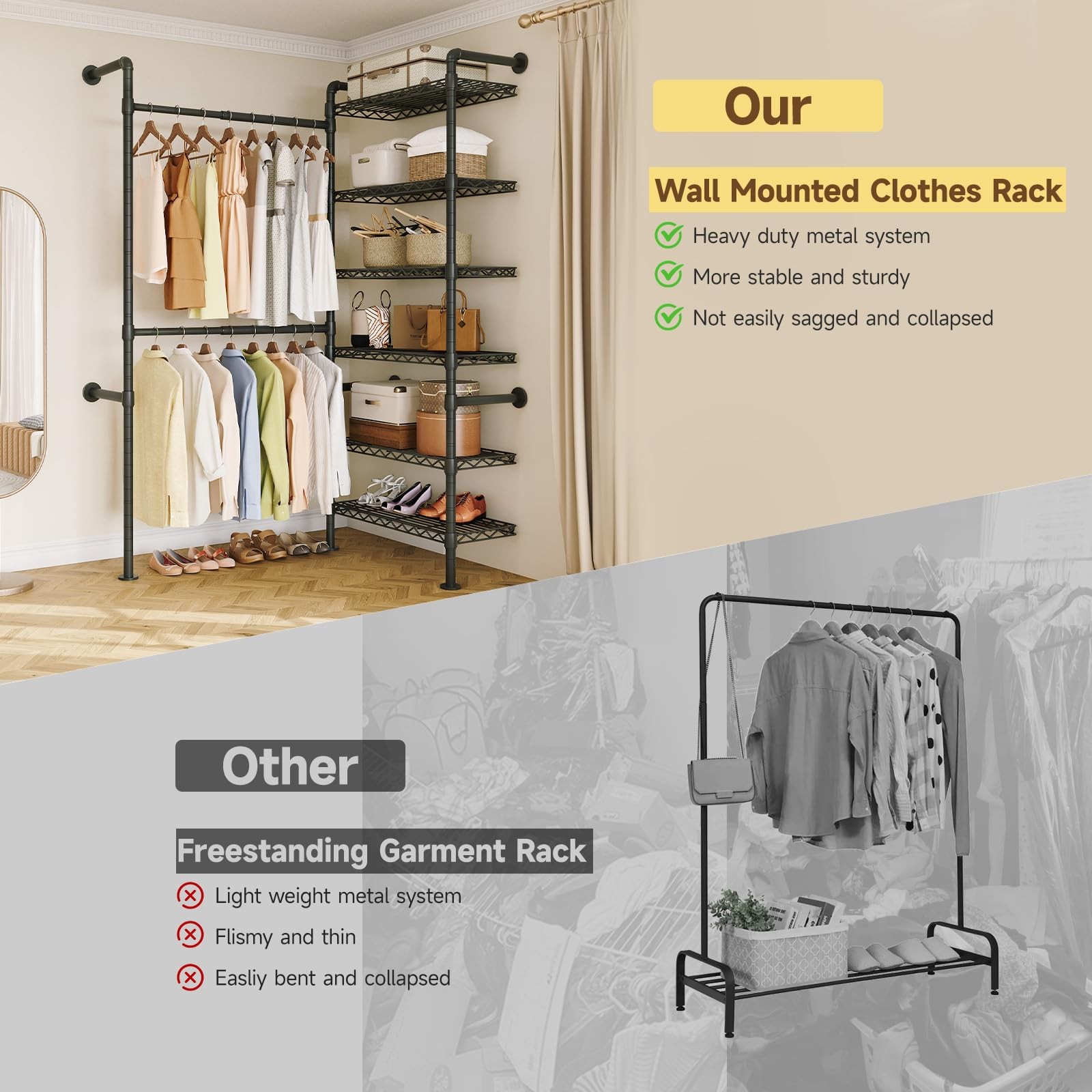 L2 Wall Mounted Closet System, Industrial Pipe Clothing Rack Clothes Racks