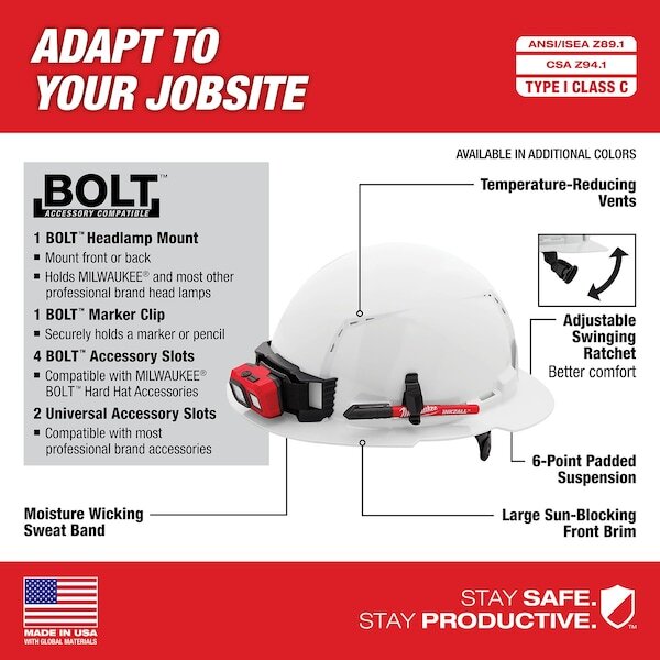 Milwaukee Tool 48-73-1221 Full Brim Hard Hat, Bolt, Hdpe, 6 Point Swing