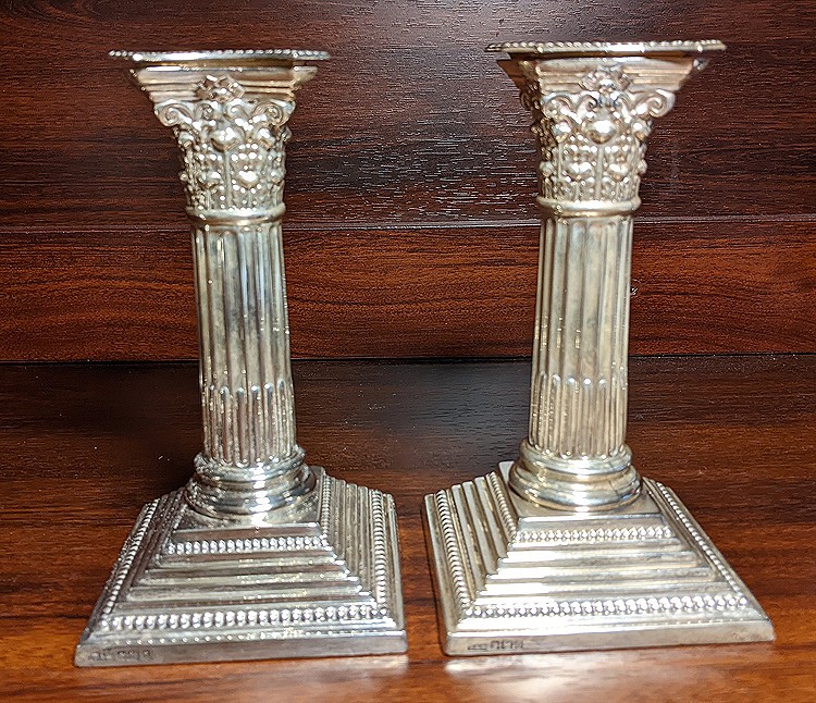 Victorian Sterling Silver Corinthian Column/Pillar Candlesticks 6 1/4"  H  1905