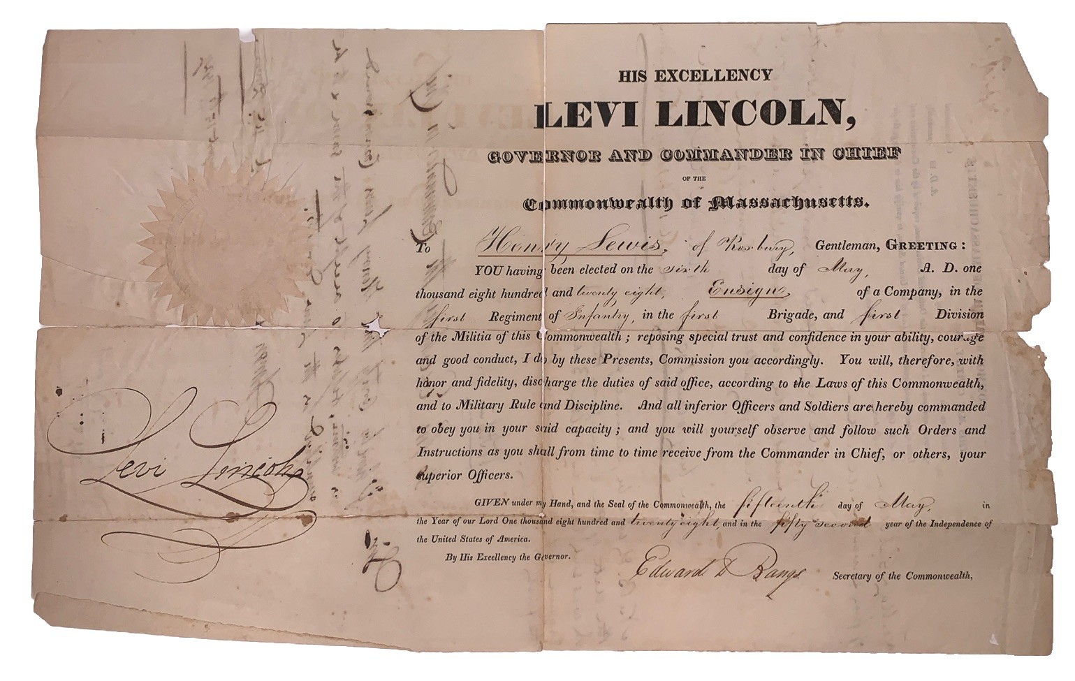 1828, SIGNED by LEVI LINCOLN, JR, MASSACHUSETTS MILITIA COMMISSION, w STATE SEAL