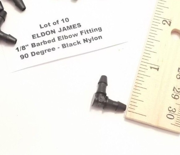 Lot of 10 ELDON JAMES 1/8" Barbed Elbow Fittings - 90 Degree - Black Nylon -