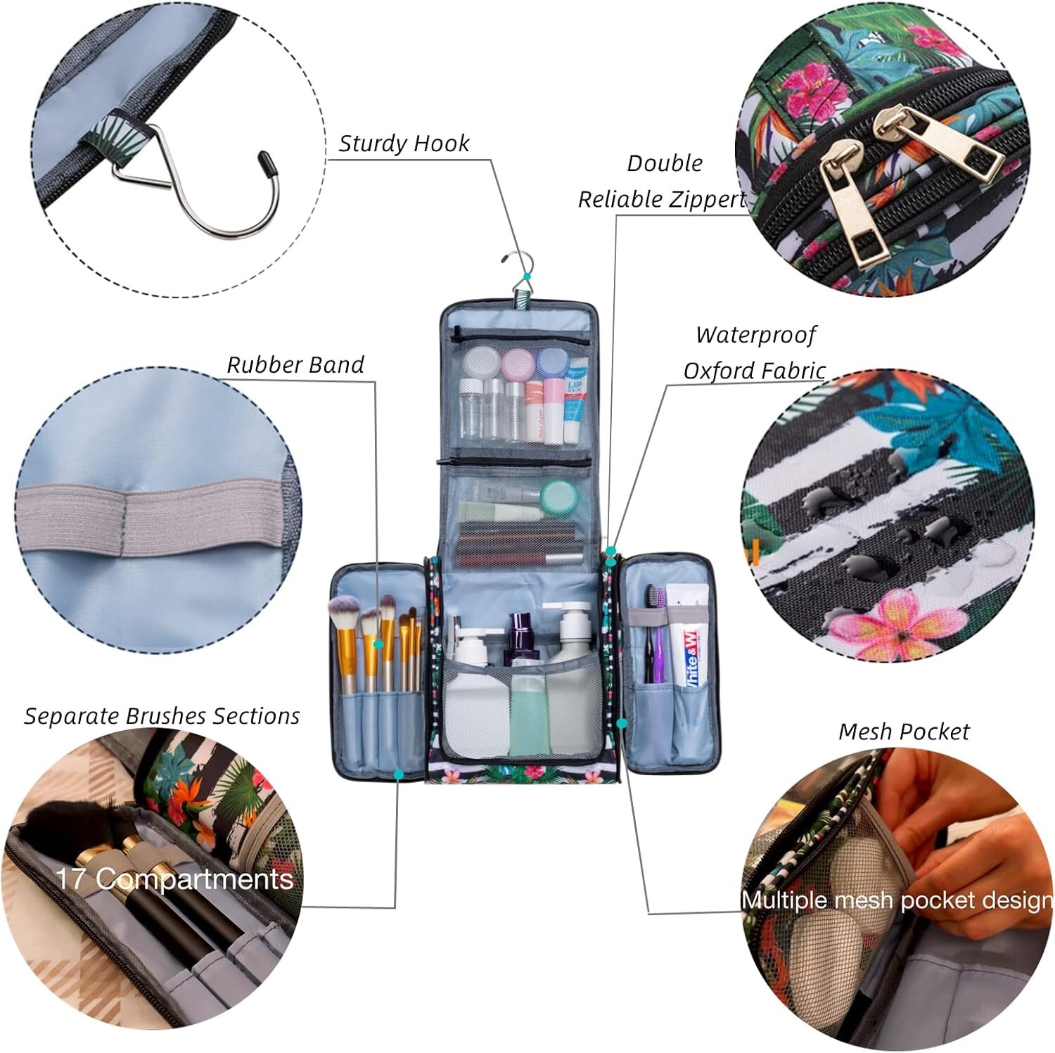 Booeen Hanging Travel Toiletry Bag For Women-17 Compartments, Large Capacity