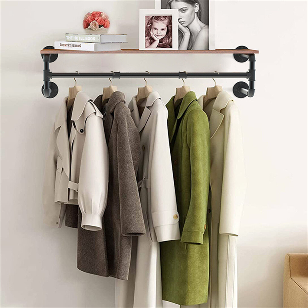 Clothes Rack w/ Top Shelf Industrial Pipe Wall Mounted Garment Rack Hanging Rail