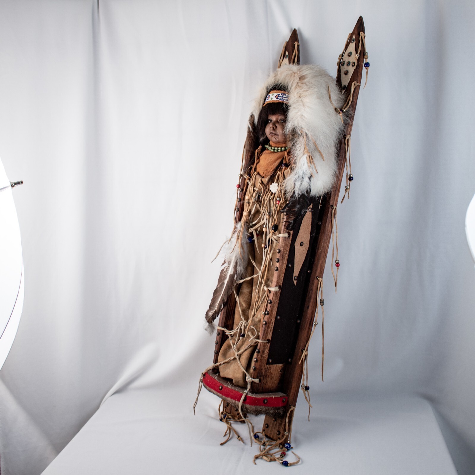 Vintage 1960's ALASKA Handcraft Eskimo Papoose Doll Cradle Large 39"L x 9.5"W