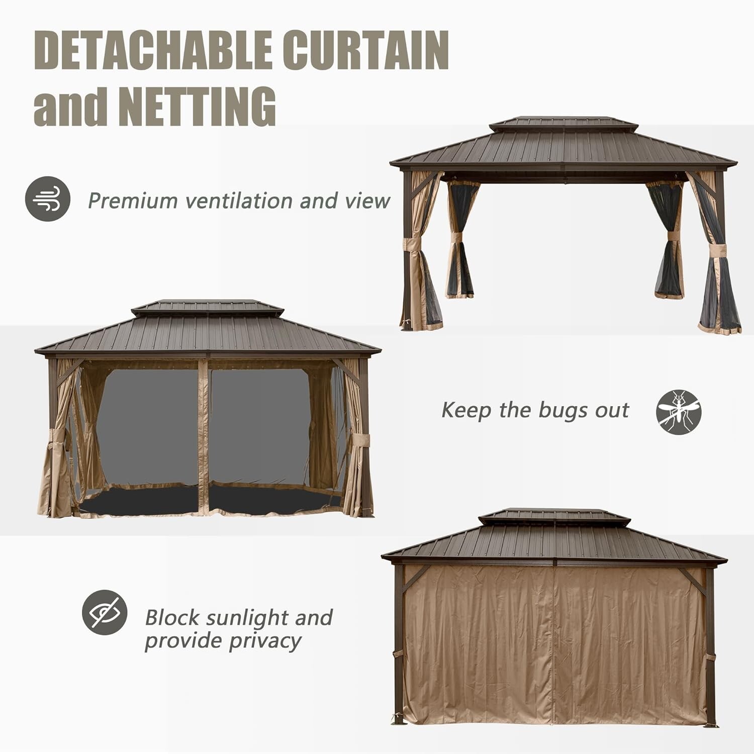 Domi 12’ x 16’ Hardtop Gazebo Outdoor Aluminum Gazebo w/Netting & Curtains,Brown