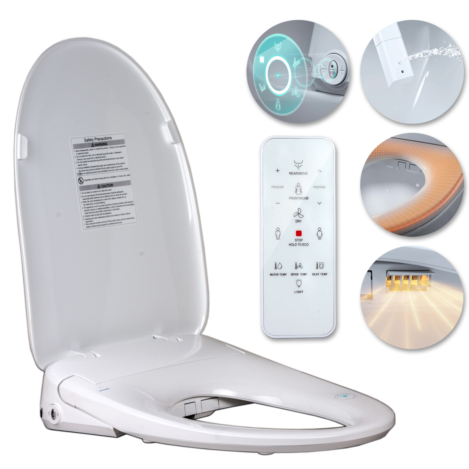 Smart Toilet Seat Electric Bidet Elongated Auto Deodorization Heated Nightlight