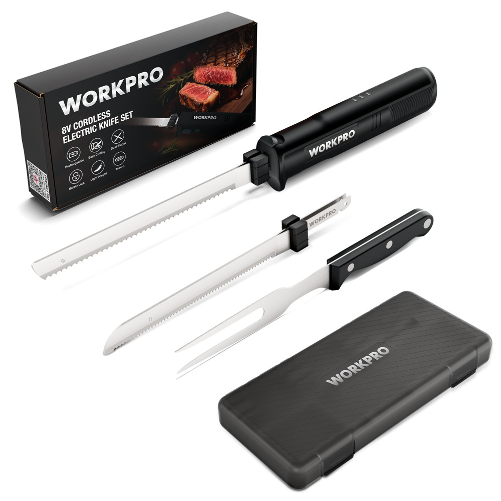 WORKPRO Cordless Electric Knife for Turkey Fish & Bread 2 Stainless Steel Blades