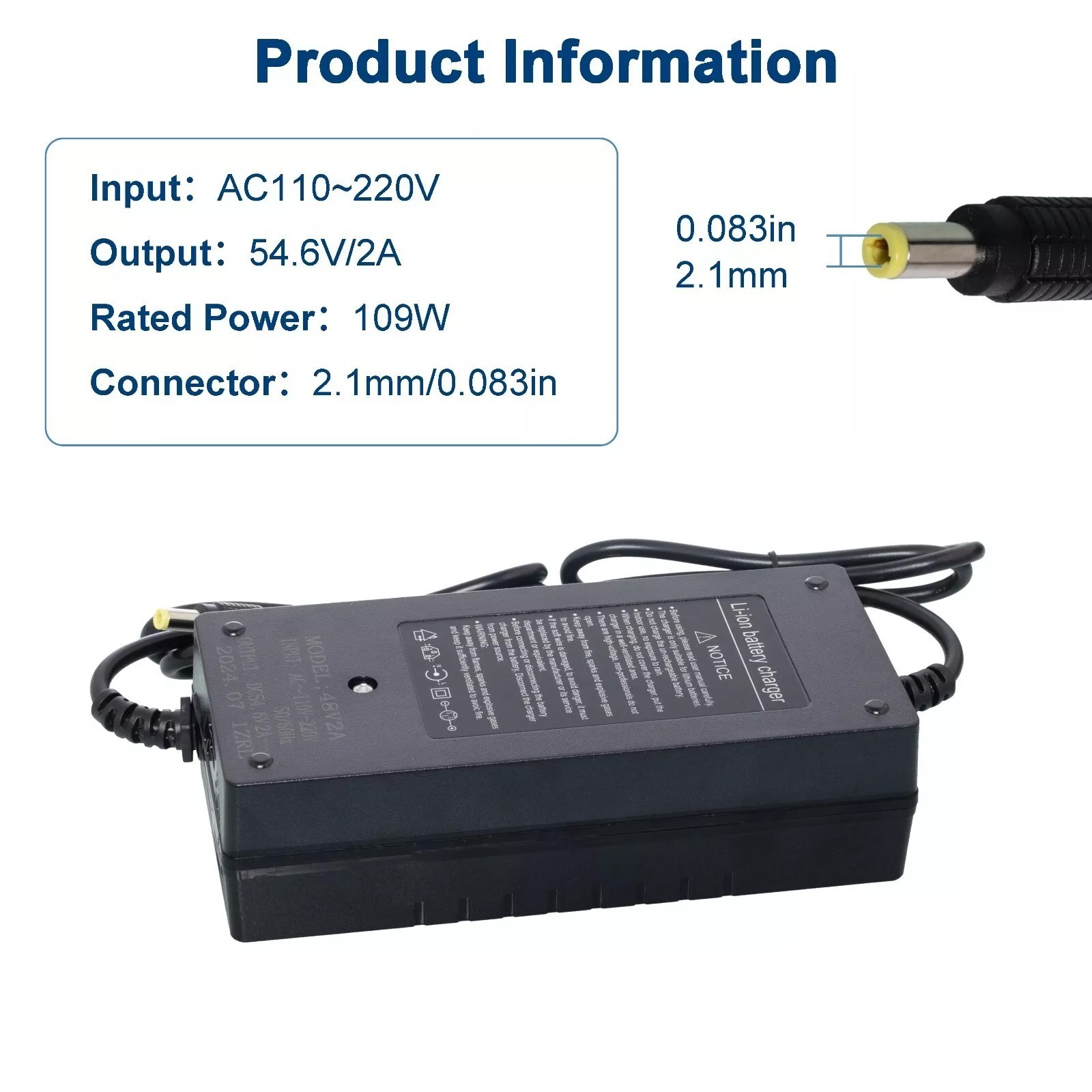 54.6V 2A Adapter Charger 48V Lithium Battery with 5.5mm*2.1mm DC Plug Port 108W
