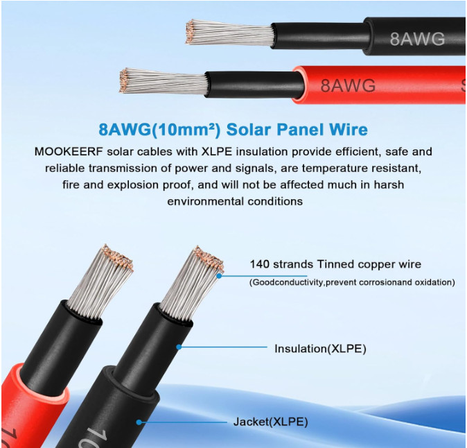 Cable solar de extensión de 20 pies con conductor 8AWG y conectores macho y hemb