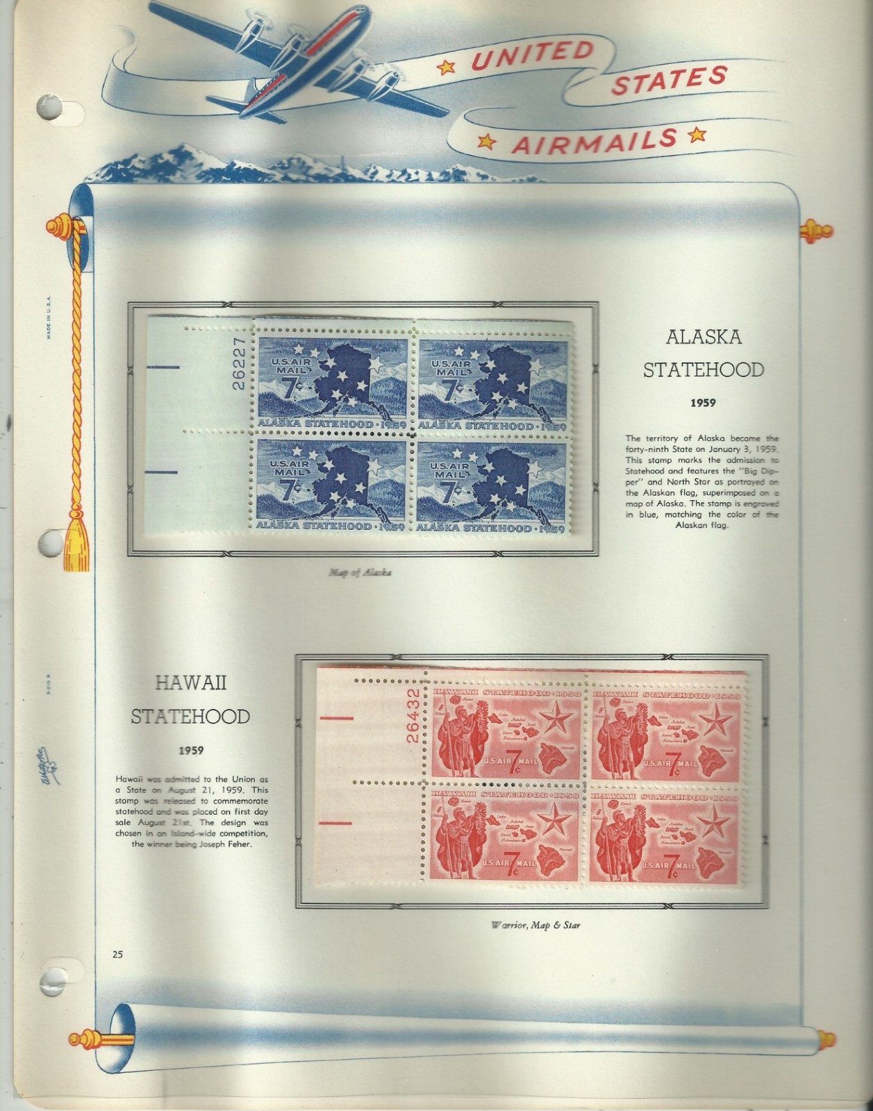 USA Stamps: Air Mail Plate Blocks & Singles on White Ace Album Pages. SCV $350+