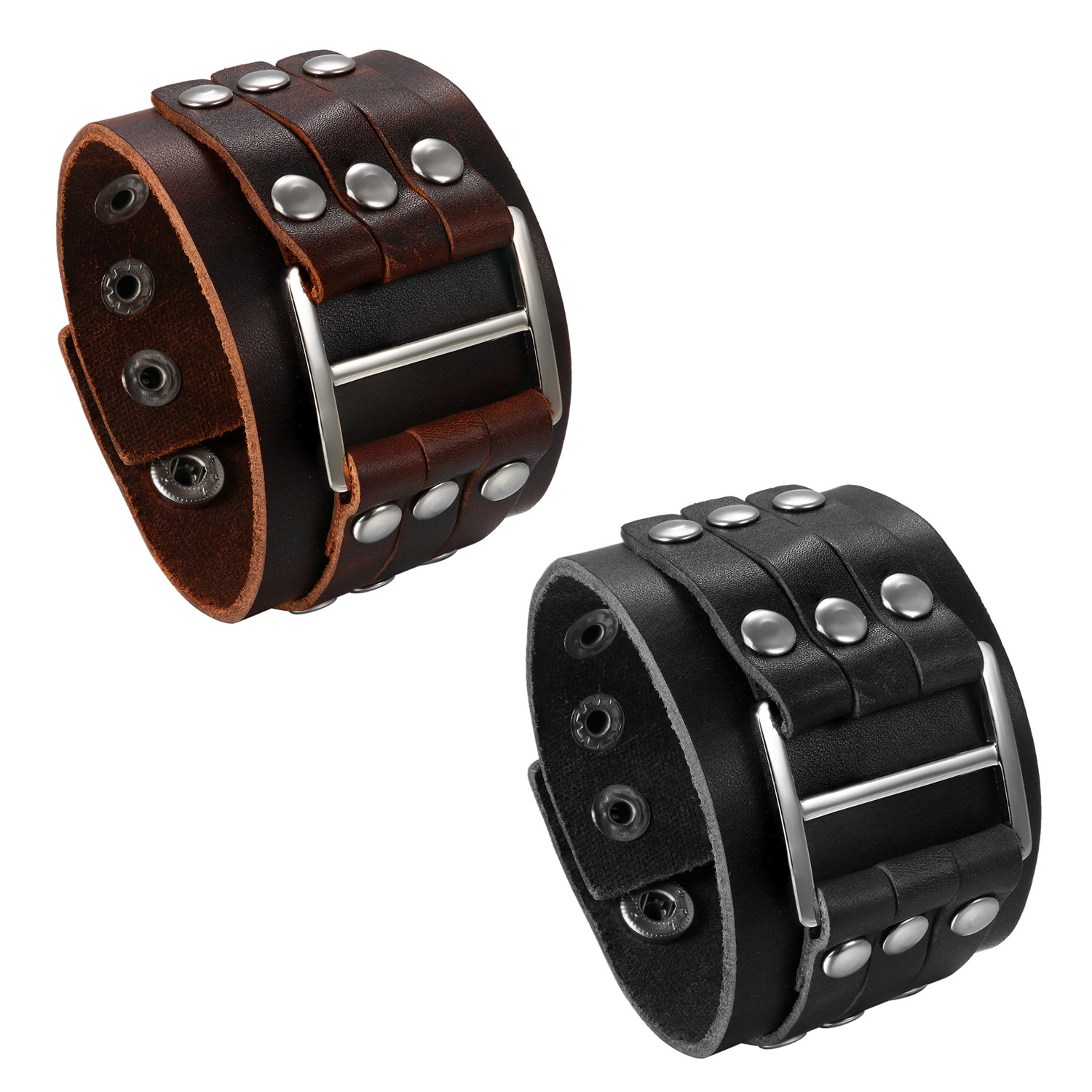 Men's Punk Wide Genuine Leather Big Buckle Rivet Cuff Wristband Bracelet Bangle