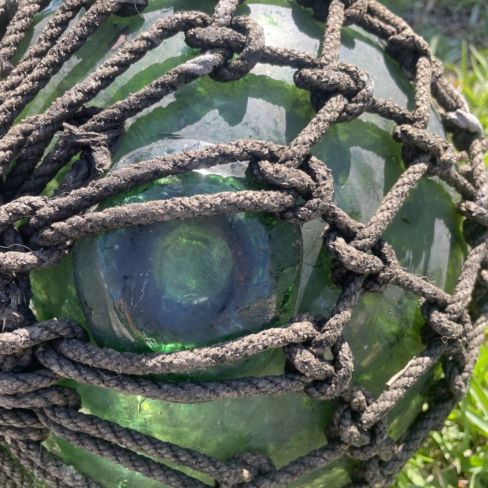 Japanese Large Glass Fishing Float Buoy Ball Net Vintage, Green