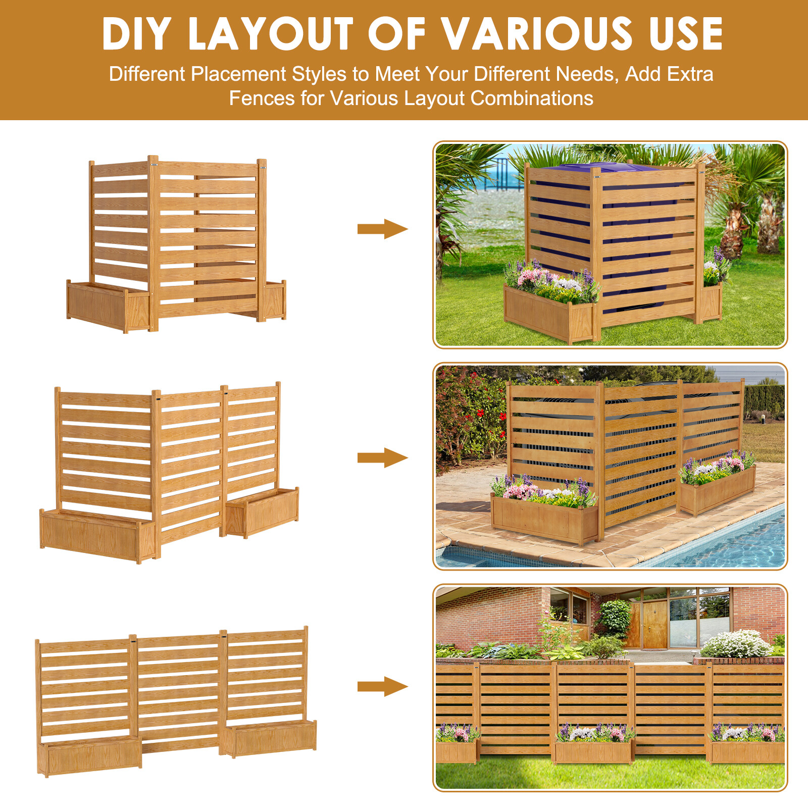 NAIZEA 3 Panels 36"Wx45"H Air Conditioner Fence Privacy Screen with Planter Box