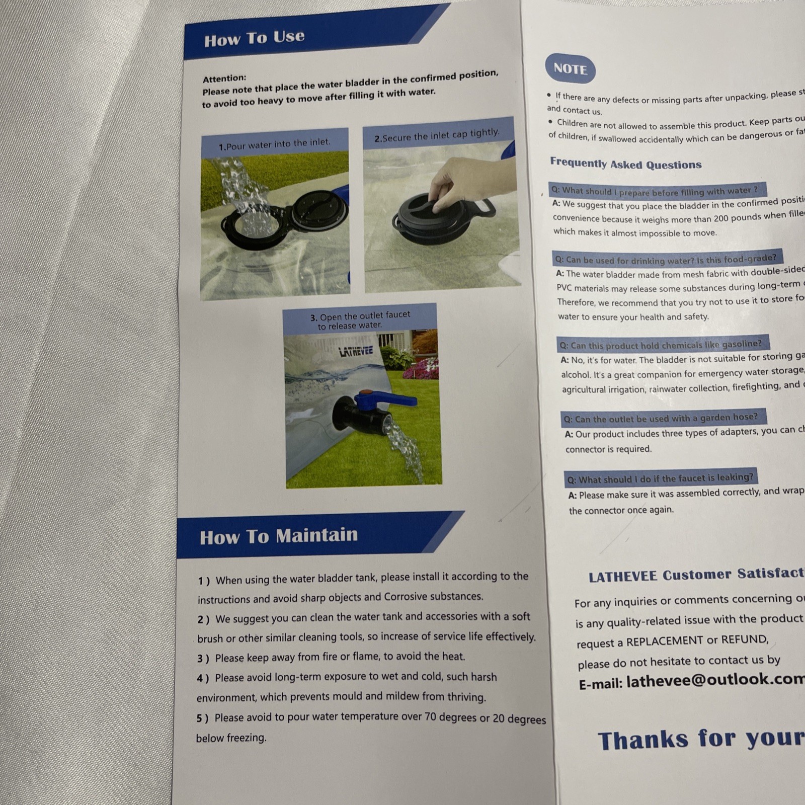 50 Gallon Emergency Water Storage Bladder Bathtub Portable Tank Open Box