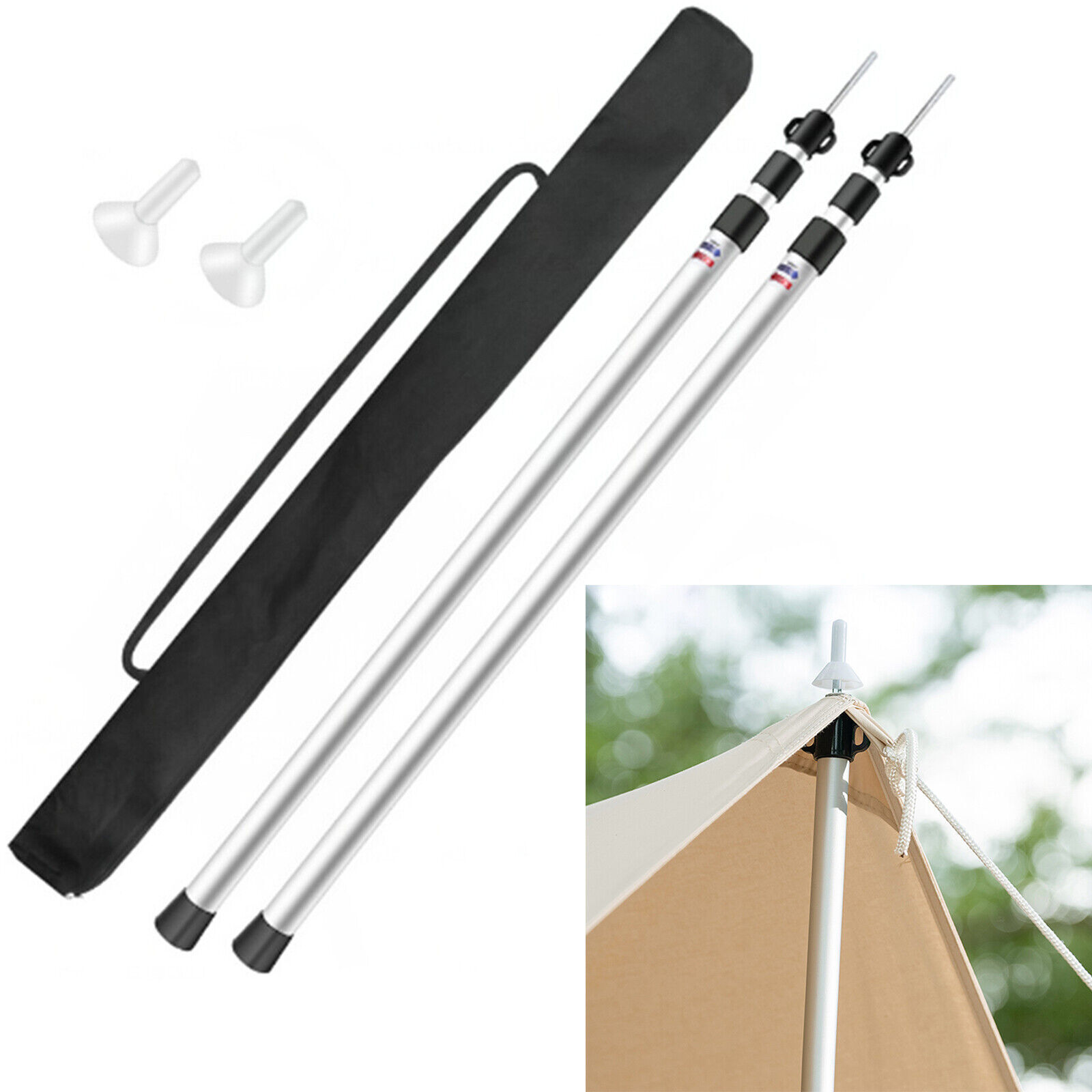 2× Tent Pole Telescopic Adjustable Tarp Poles for Camping Canopy Awning Shelter