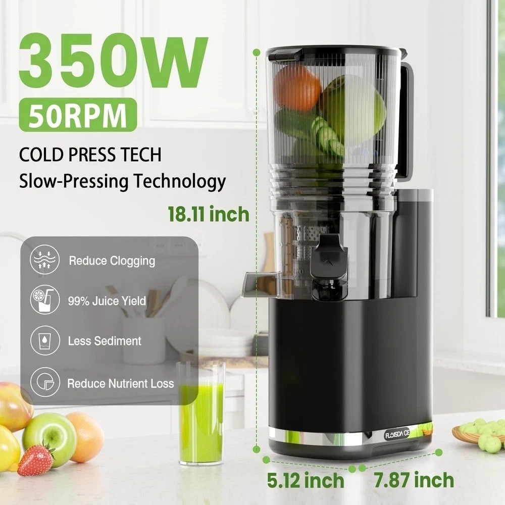 Cold Press Juicer 350W Slow Masticating Juice Extractor 6.5in Wide Feed Chute