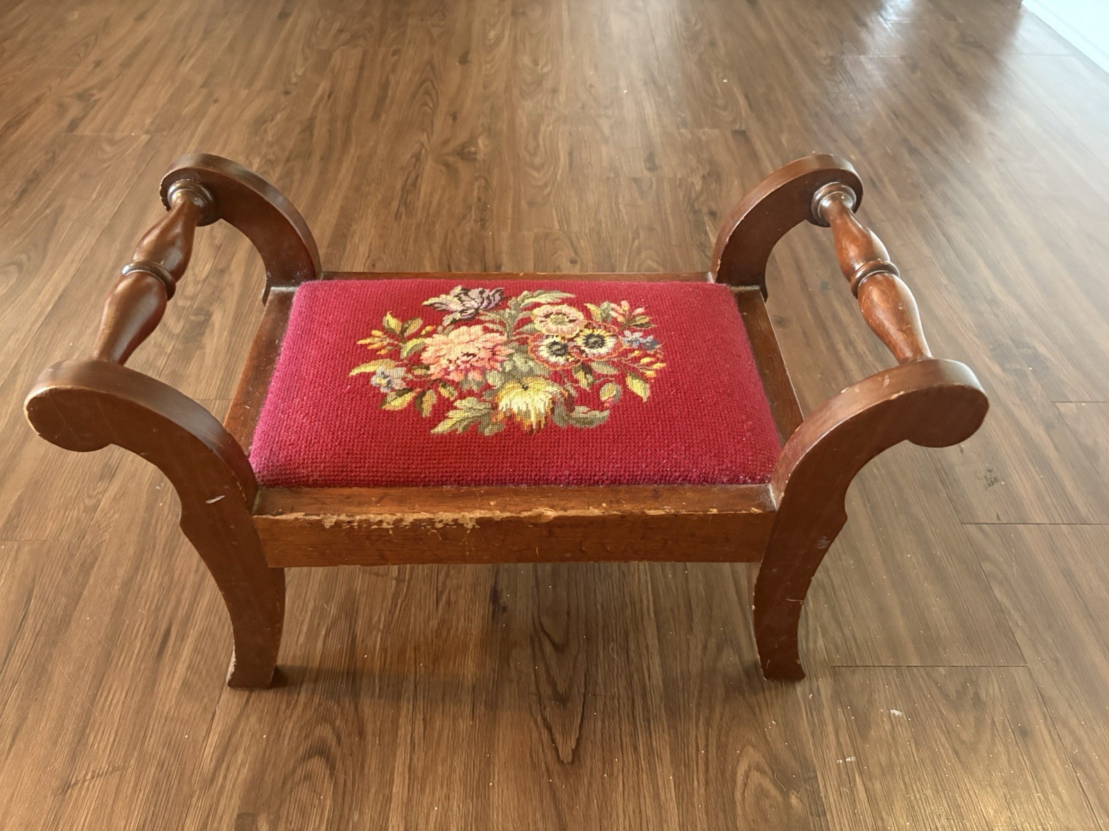 19thC Antique Victorian Footstool Bench Floral Needlepoint Petit Point