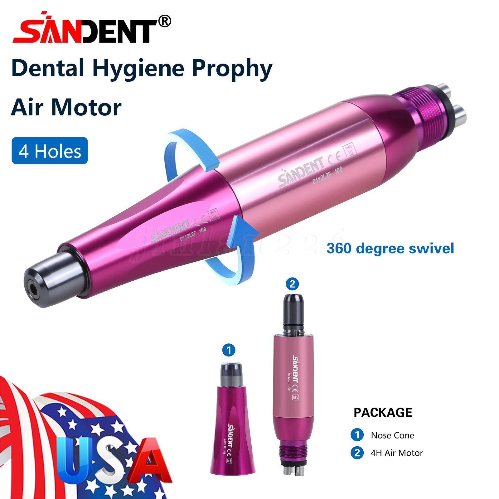 SANDENT Dental 4:1 Hygiene Prophy Handpiece 4Hole Air Motor Nose Cone 360°Swivel