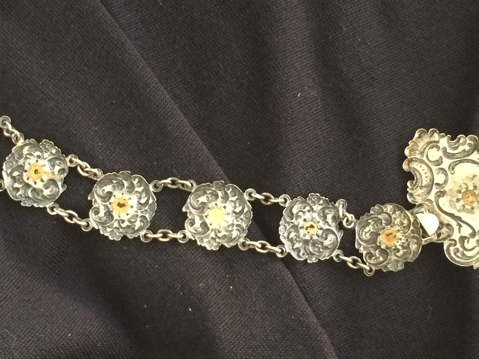 Antique Art Nouveau Victorian Belt SilverPlate Embossed Emerald Glass Stones 30"