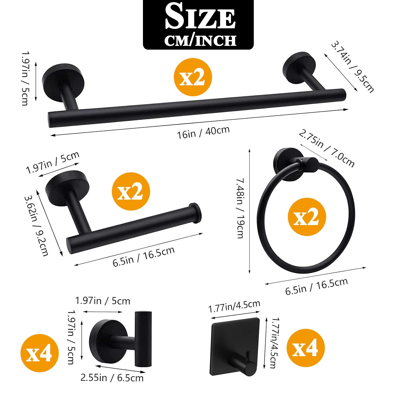 14 Pcs Black Bathroom Hardware Set Stainless Steel Towel Bar Towel Racks Hooks