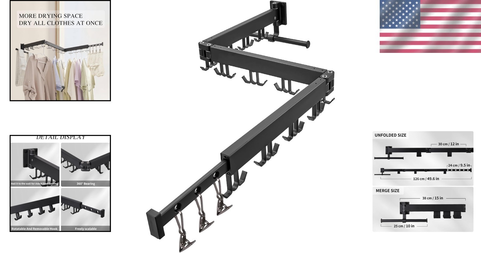 Wall Mounted Clothes Drying Rack Foldable Space Saver Laundry Rack Black