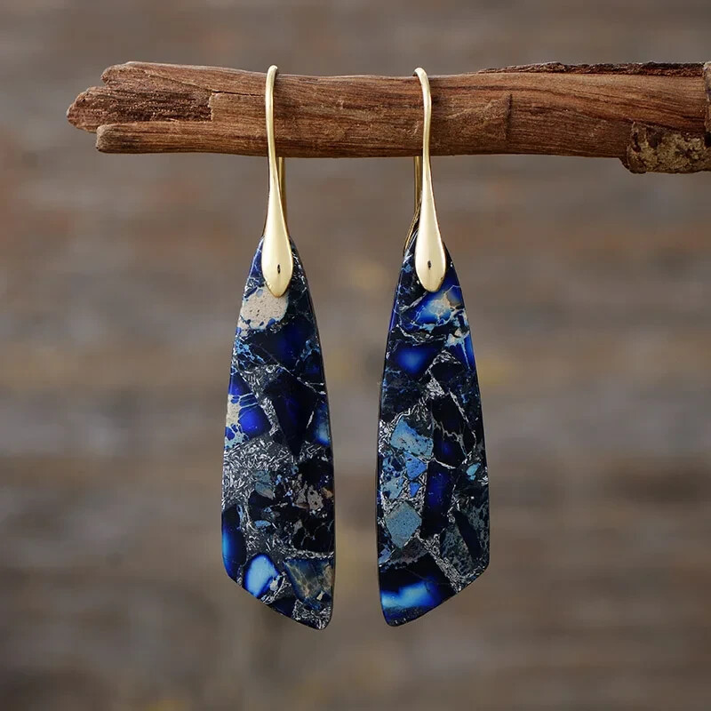 Natural Blue Imperial Jasper Teardrop Dangle Earrings Gemstone Drop Boho Jewelry