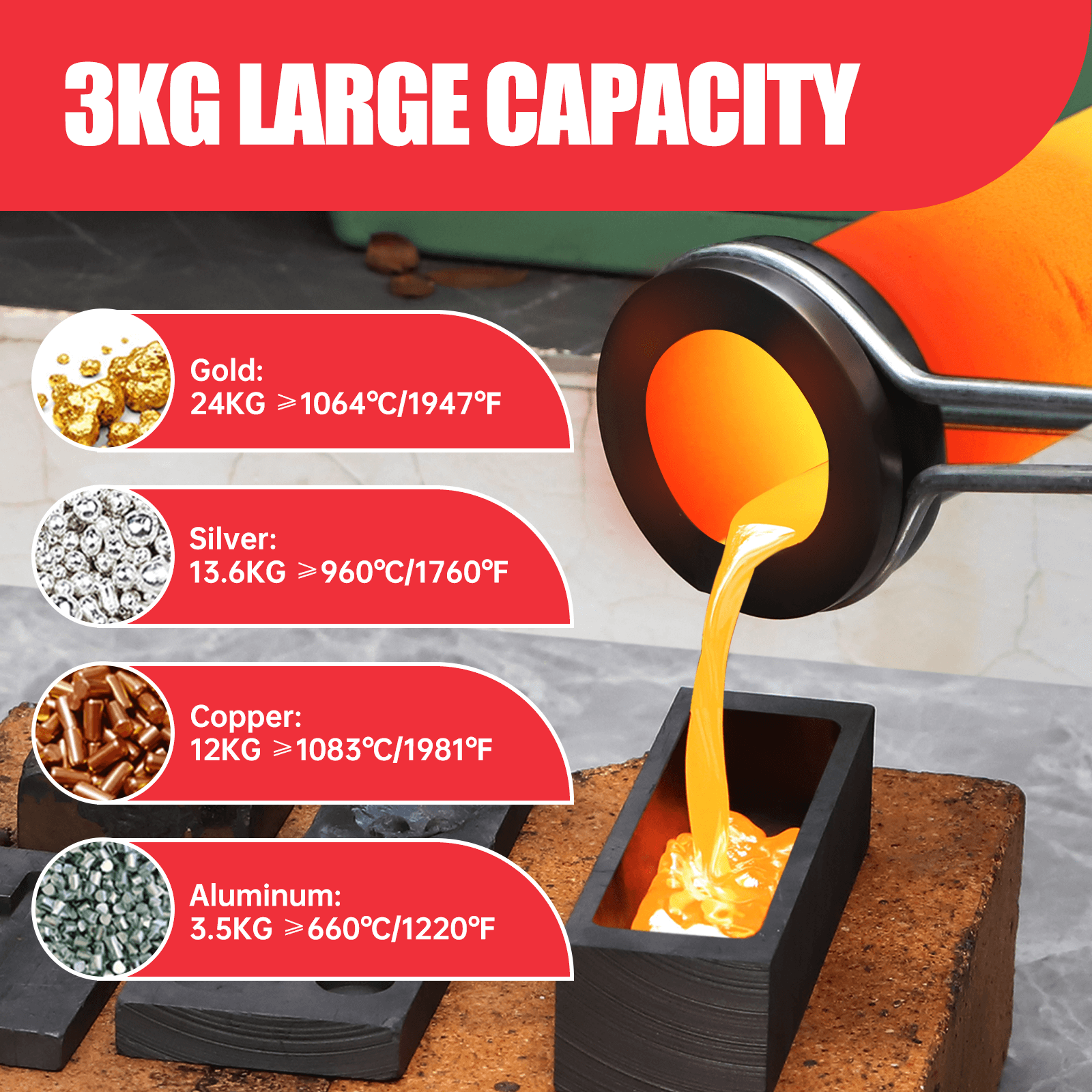 TOAUTO 3KG Metal Smelting Furnace Kit Gold Silver Refining Casting Jewelry Tool