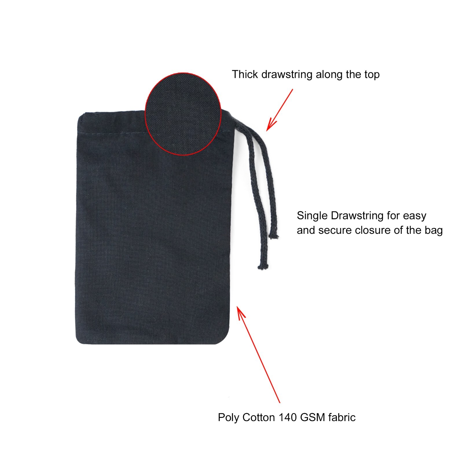 100 Pcs of 3 x 4 Inches Cotton Single Drawstring Premium Black Muslin Bags.