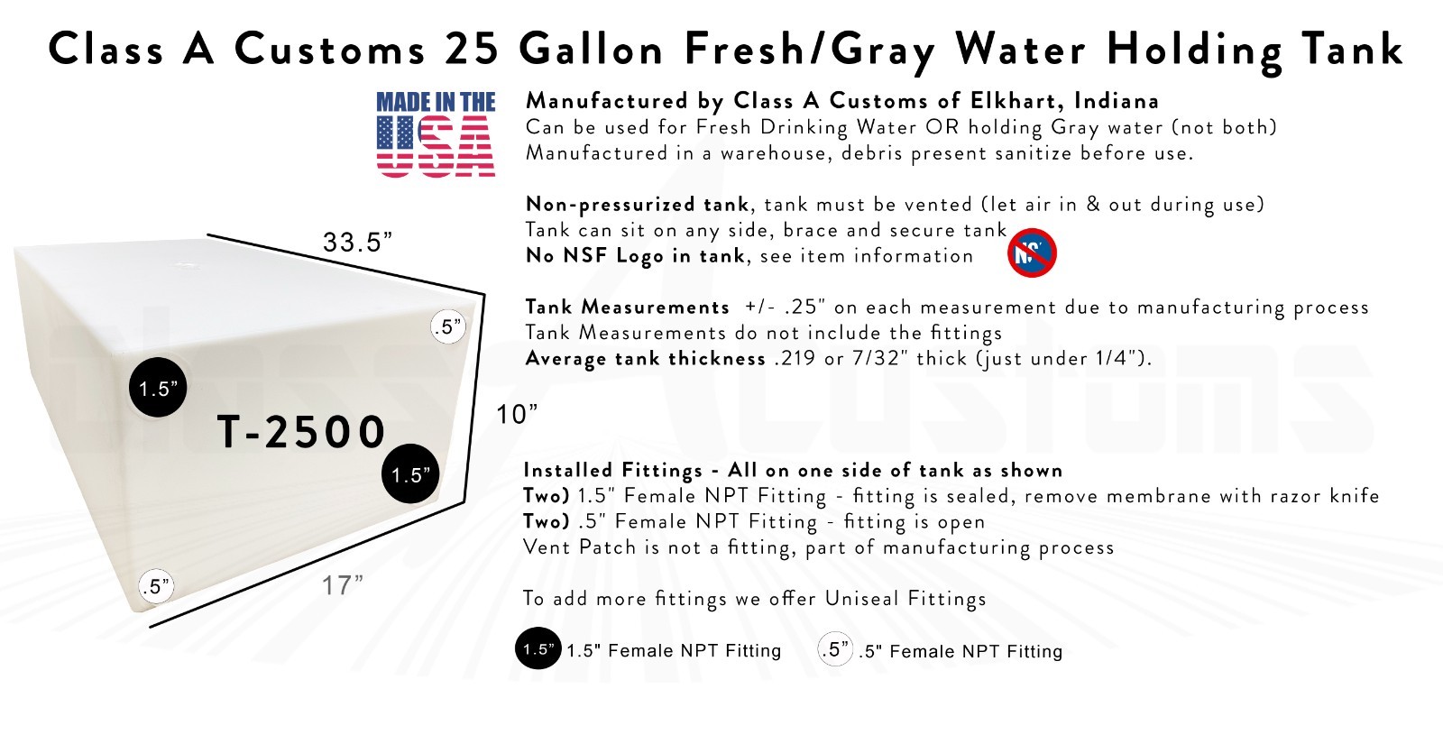 25 Gallon Fresh / Gray Water Holding Tank storage food shower wash dish T-2500