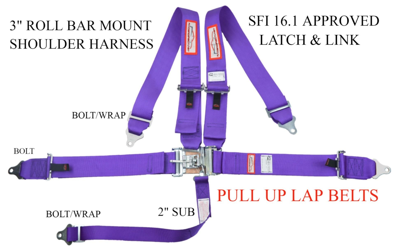 NHRA IHRA APPROVED RACING HARNESS SEAT BELT SFI 16.1 PULL UP BOLT IN PURPLE