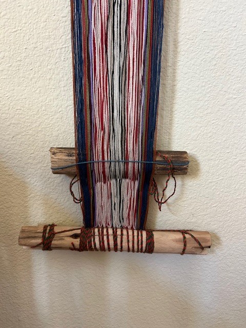 Vintage Peruvian textile, hanging hand loom, hand woven traditional design