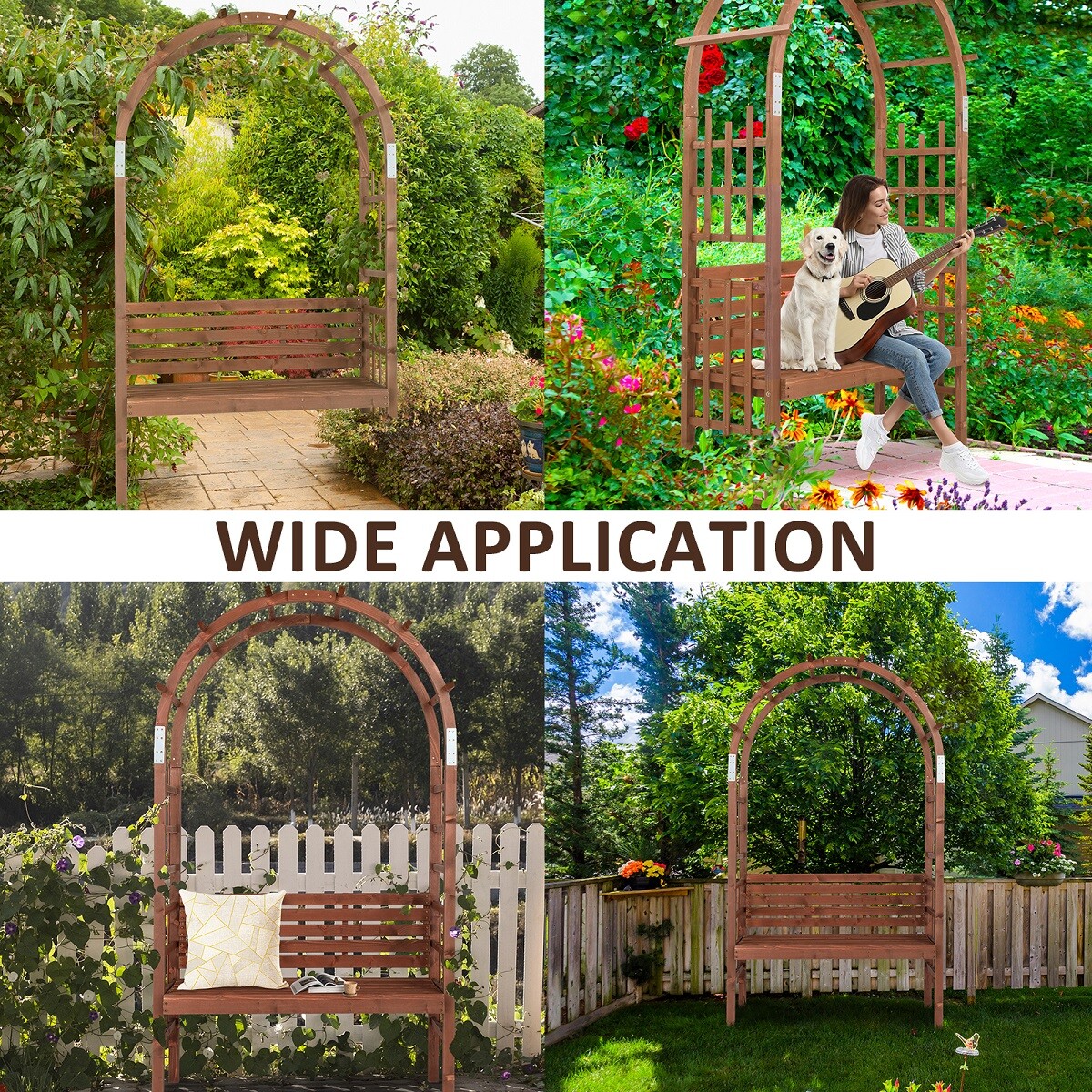 6.8FT Wooden Arch with Bench Garden Arbor Trellis for Climbing Plant Dark Brown