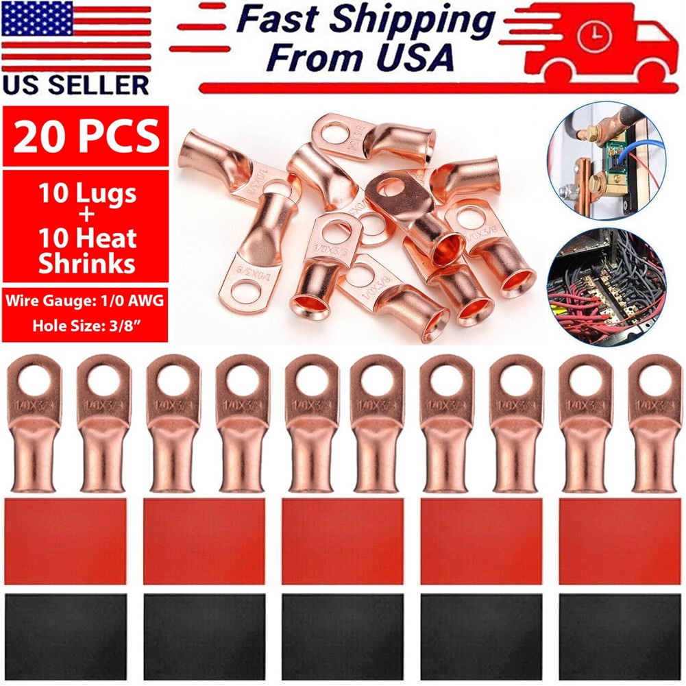 20PCS 1/0 AWG Gauge Copper Lugs W/ BLACK & RED Heat Shrink Ring Terminals Wire