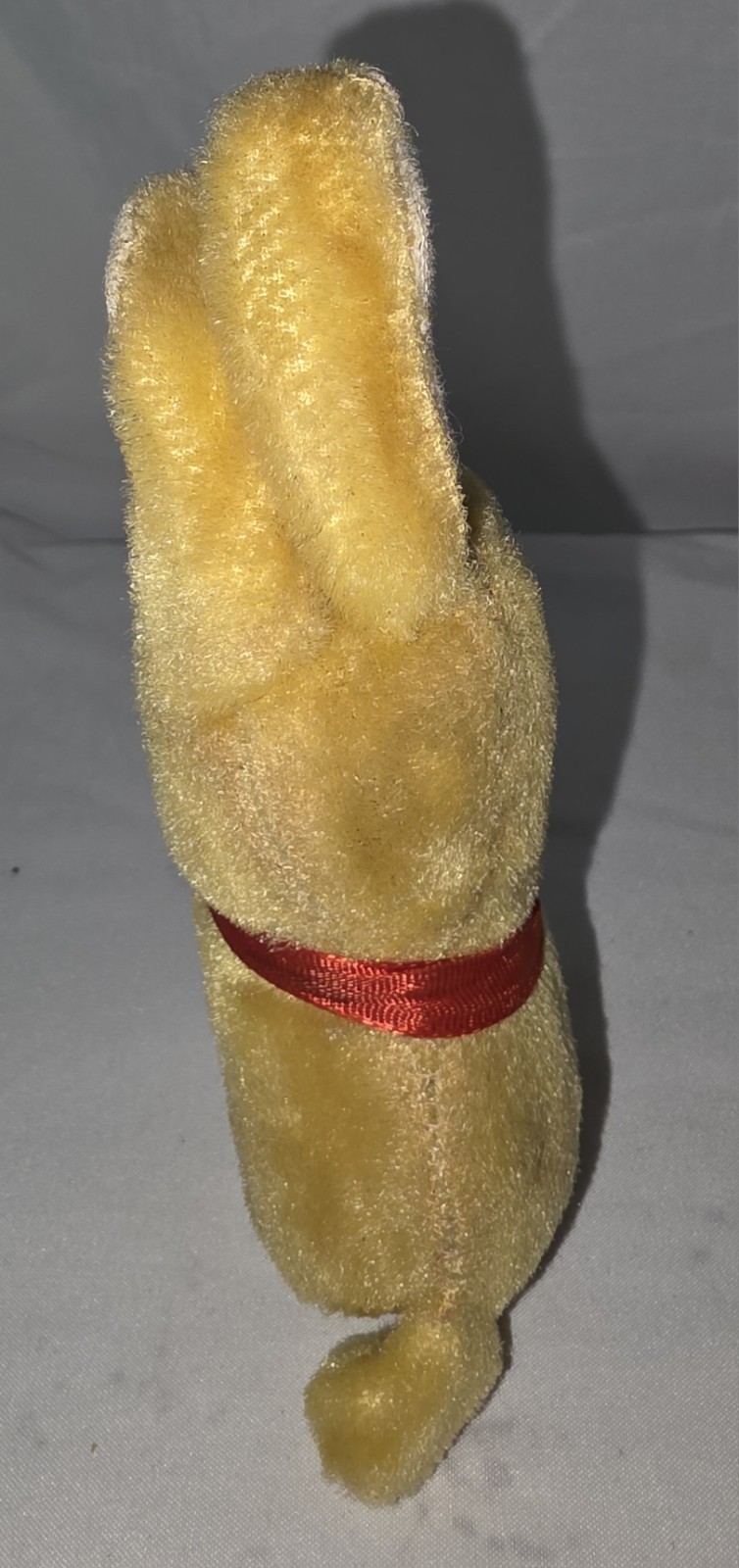 Vintage Small Yellow Stuffed Rabbit Plush with Glass Eyes and Red Ribbon Bow