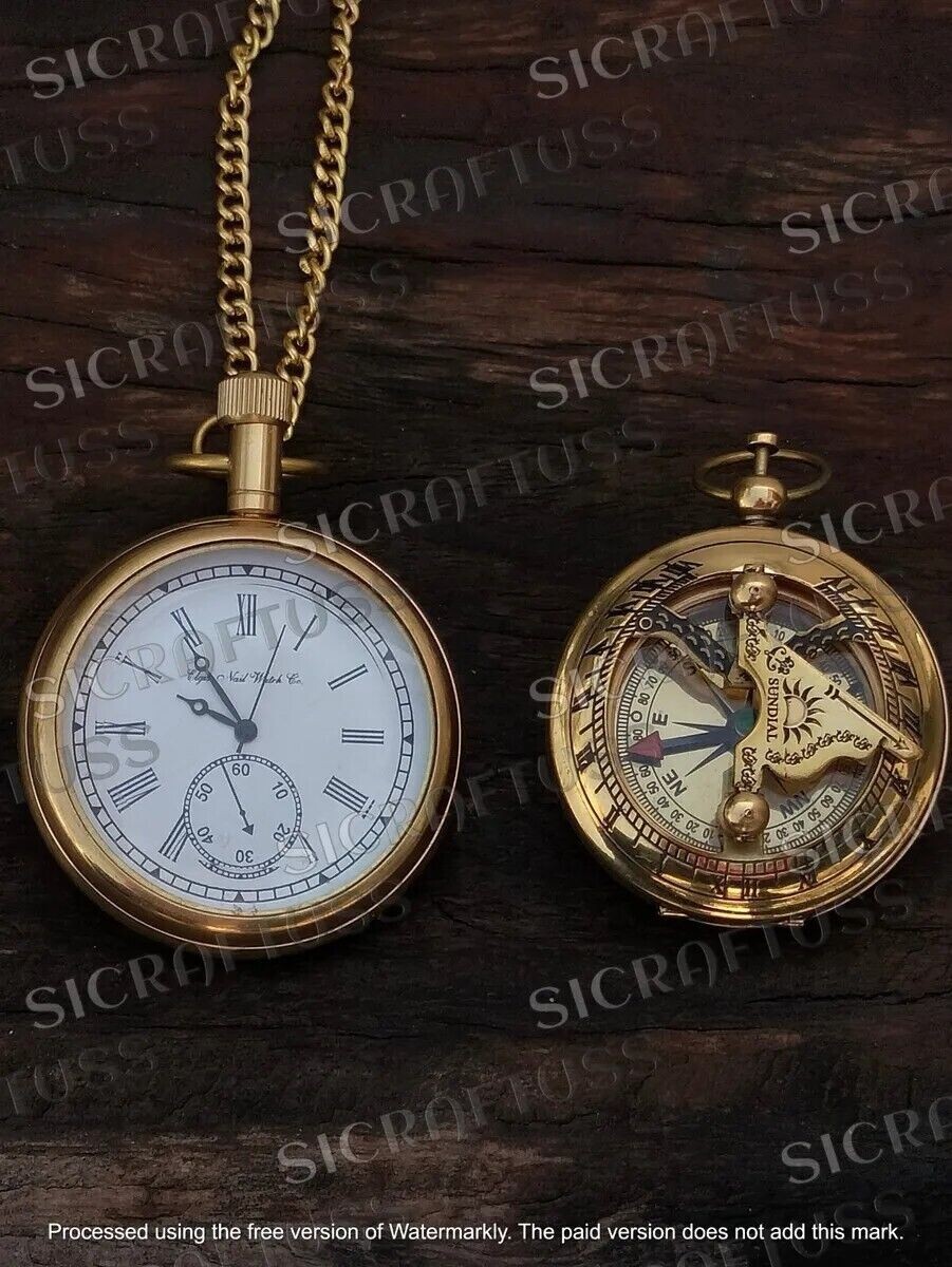 Antique Vintage Elgin Brass Pocket Watch With Brass Pocket Sundial Compass Gift.