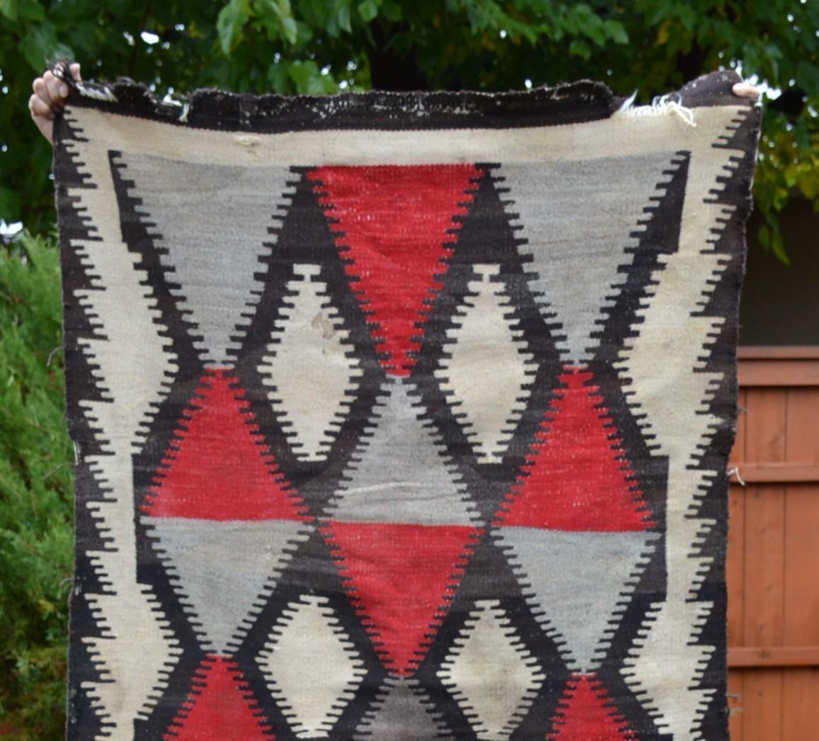 Large Old Navajo Rug - Eyedazzler Diamond Design Red Black White Gray - 78 x 43