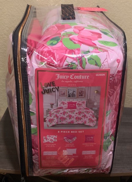 Juicy Couture Pink w/Roses & Butterflies QUEEN Set Comforter,Shams,Sheets,Pillow