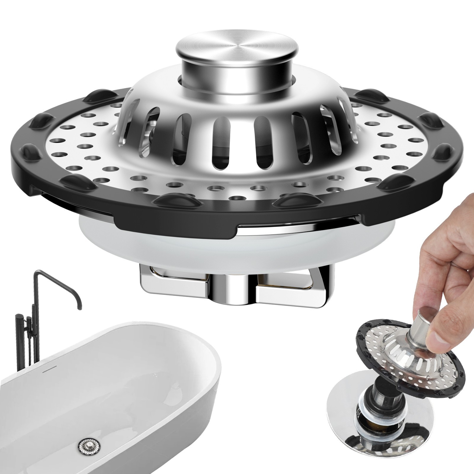 Universal Bathtub Drain Stopper - Pop-Up Hair Catcher for Tub 1.5 to 2.4" Hole