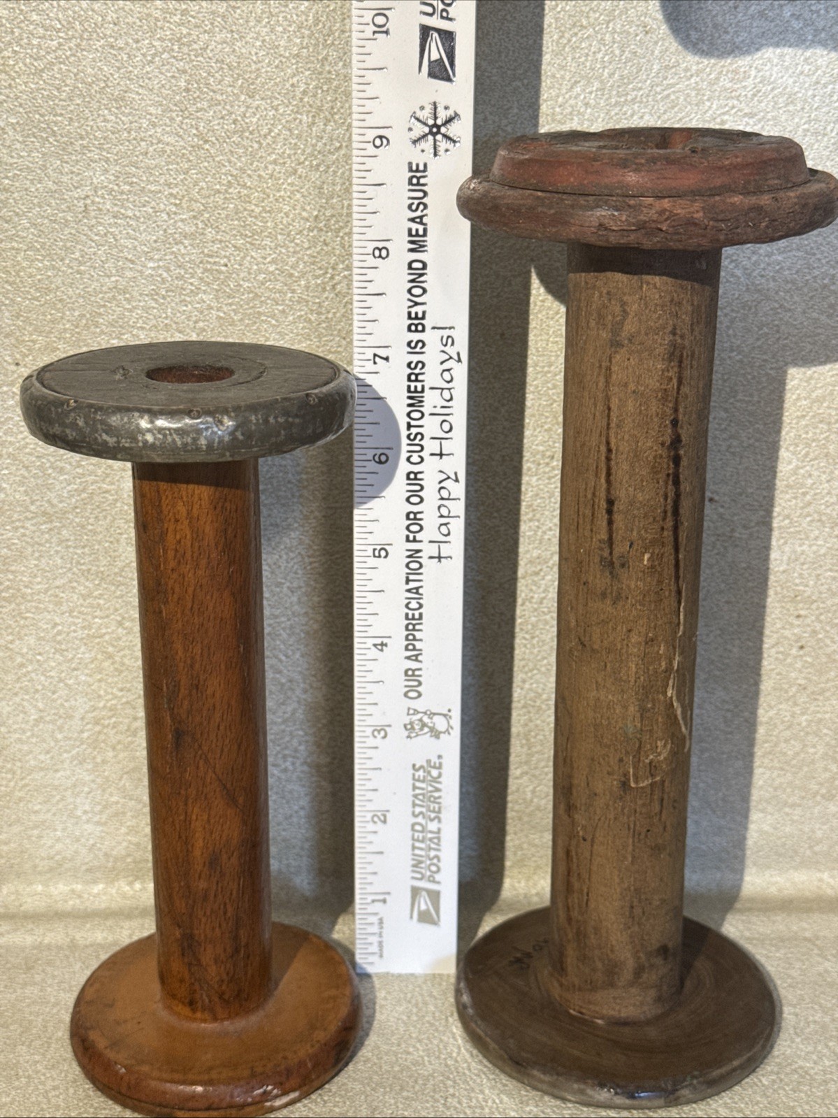 Vintage Wooden Textile Spools Bobbins Lot 2 Rustic Farmhouse 7” & 9"