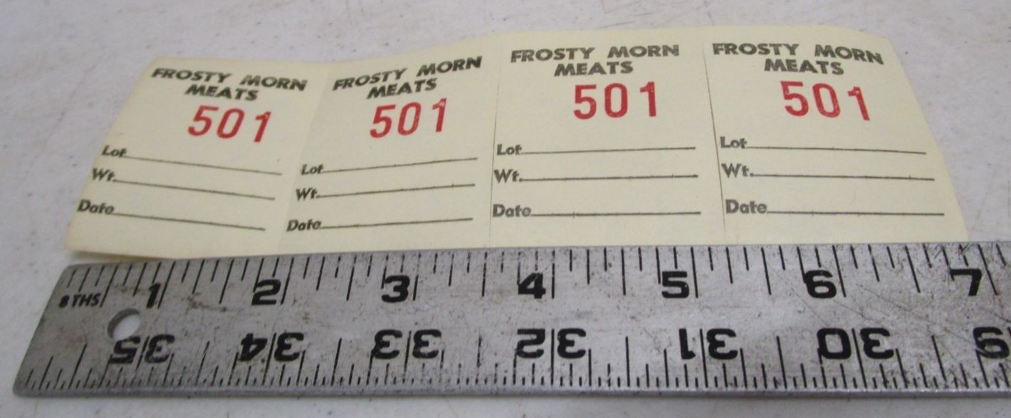 VINTAGE NOS FROSTY MORN MEATS FOOD GROCERY STORE 1-1000 PAPER TAGS