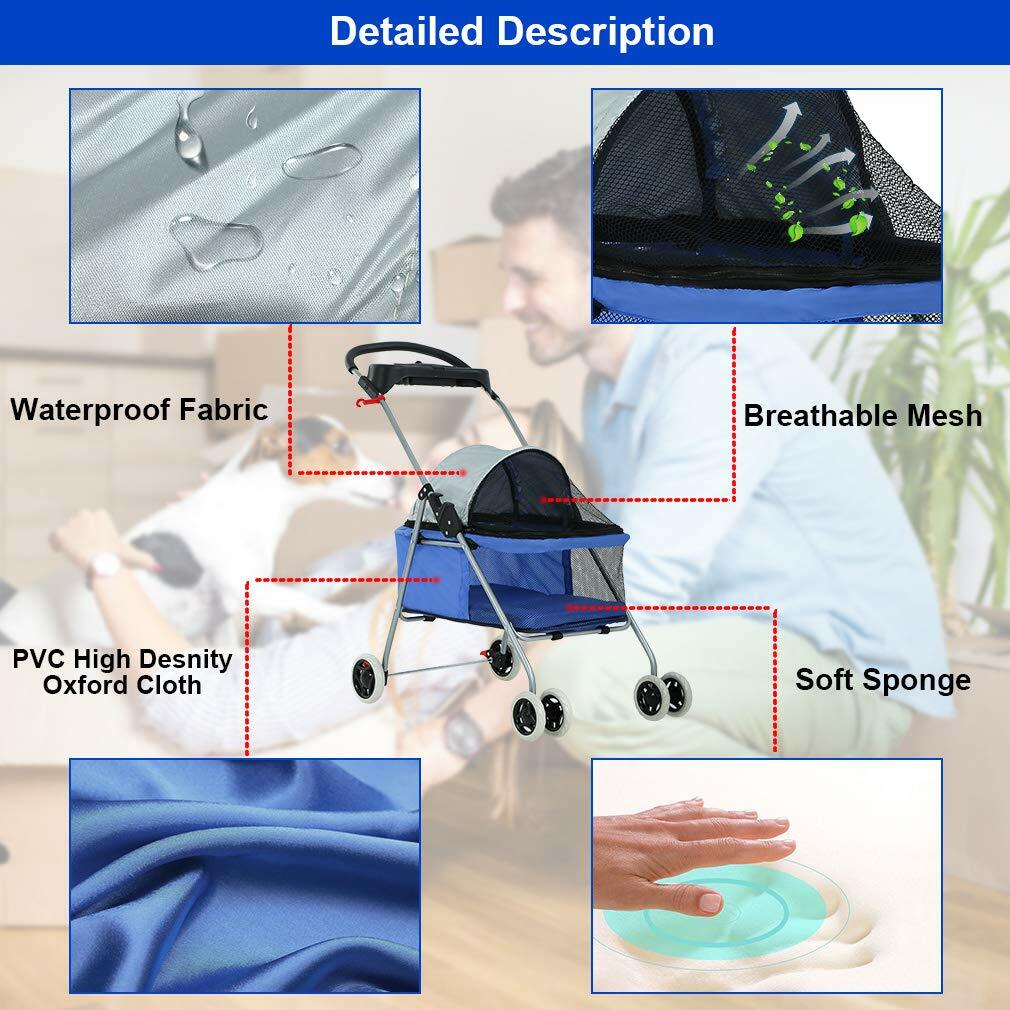 4 Wheels Posh Folding Waterproof Portable Travel Cat Dog Stroller w/ Cup Holder