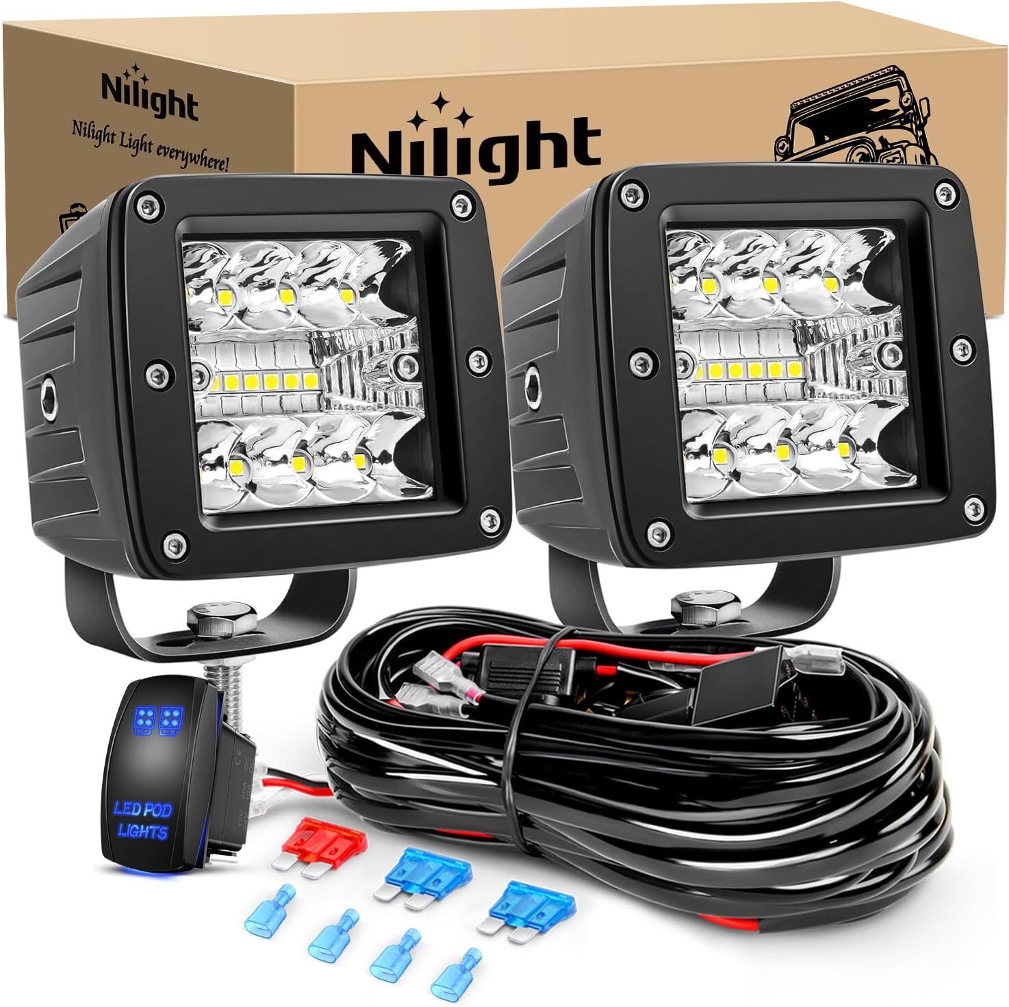 Nilight 2Pcs 3Inch 42W LED Cubes Upgraded Spot Flood Combo Square Driving Lights