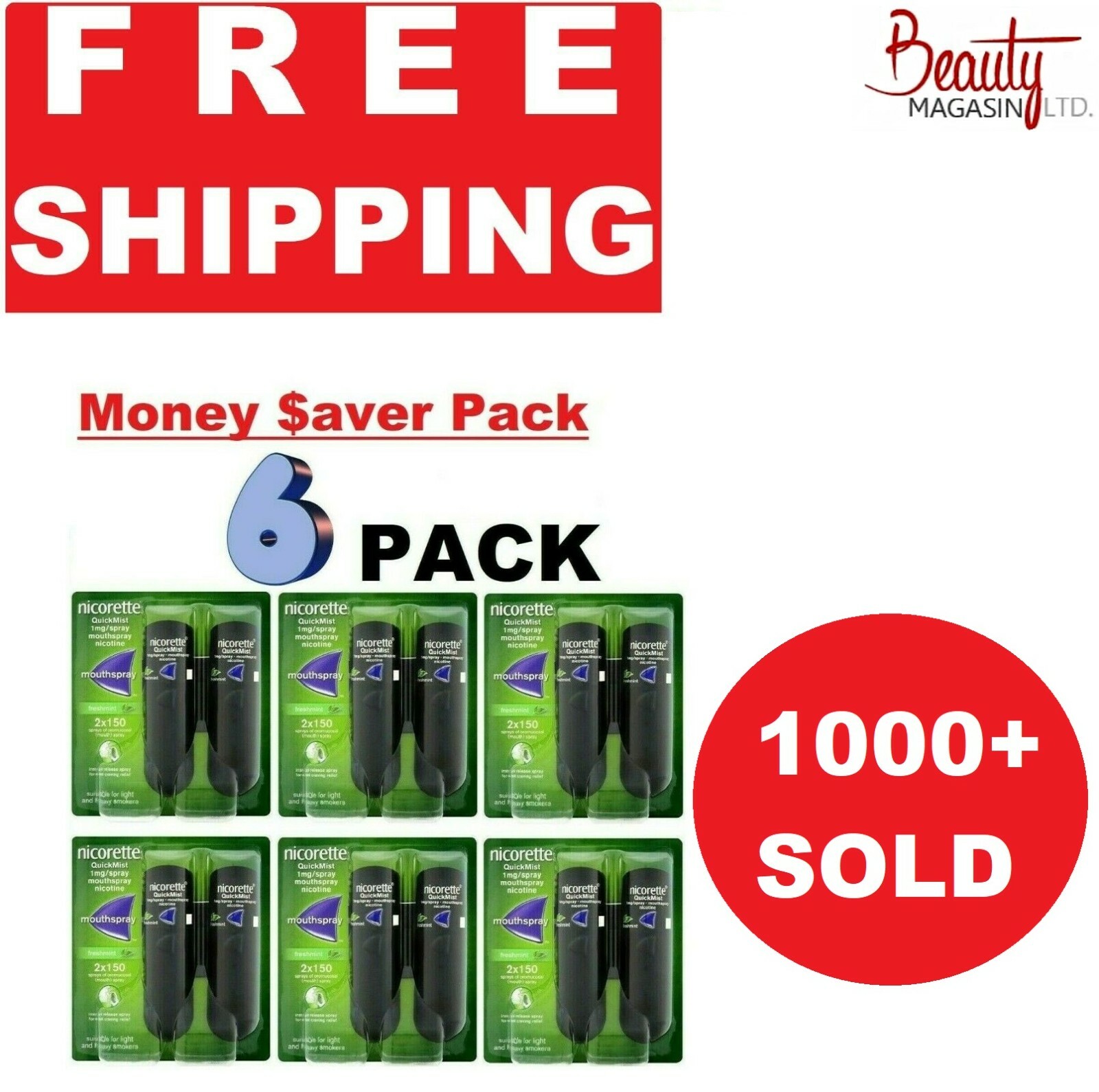 6 x Nicorette Quickmist Duo, 2 x 150 sprays-(12 SPRAY)FREE SHIP TO USA