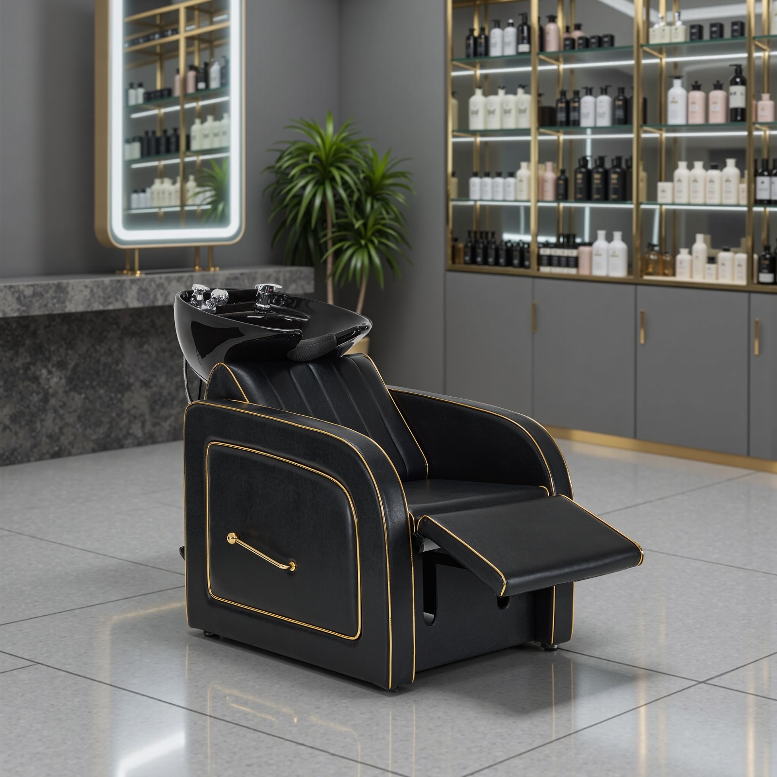 BarberPub Backwash Shampoo Station Chair, Salon Ceramic Hair Wash Bowl 9175