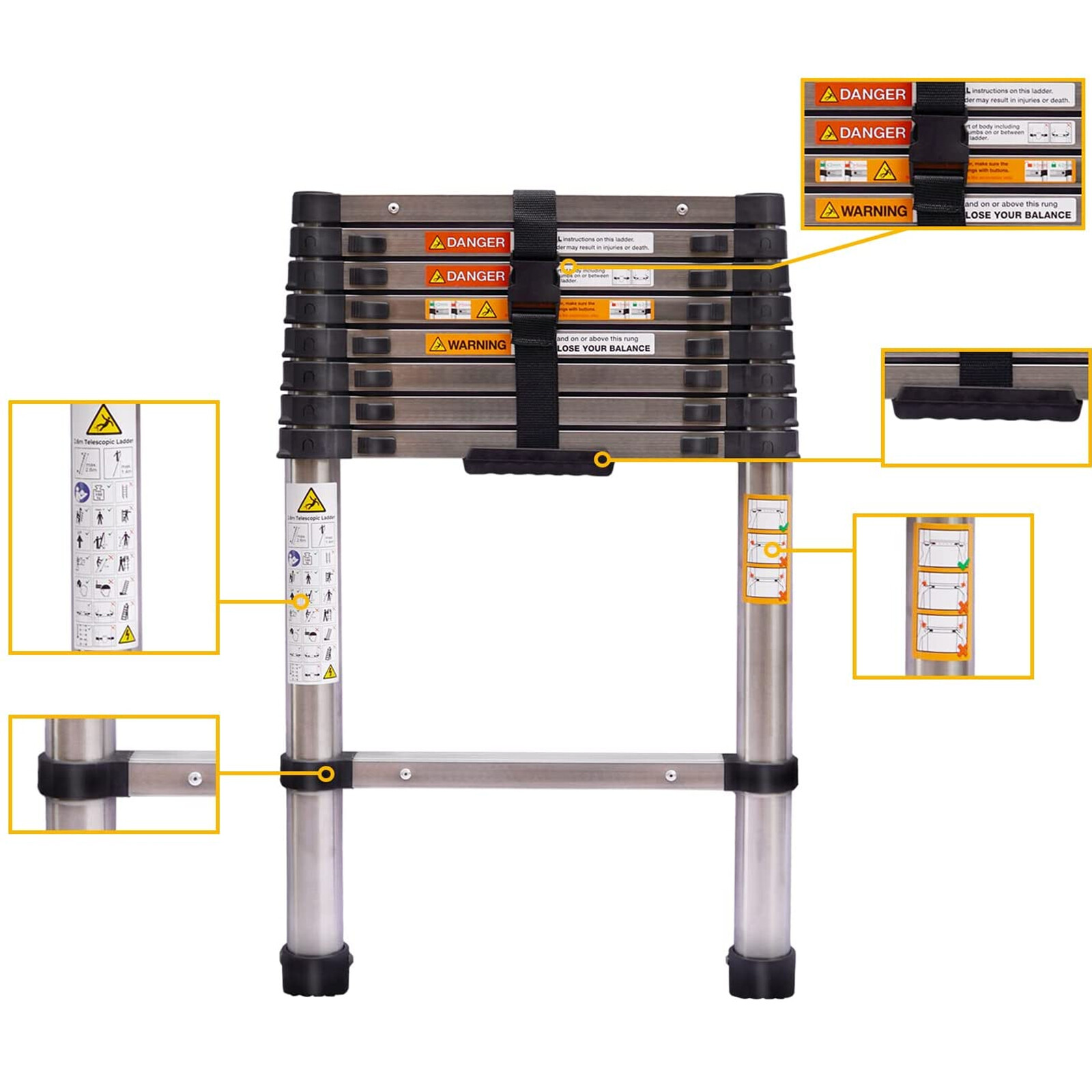 8-16FT Steel Telescoping Ladder Extension Ladders Retraction Collapsible Folding