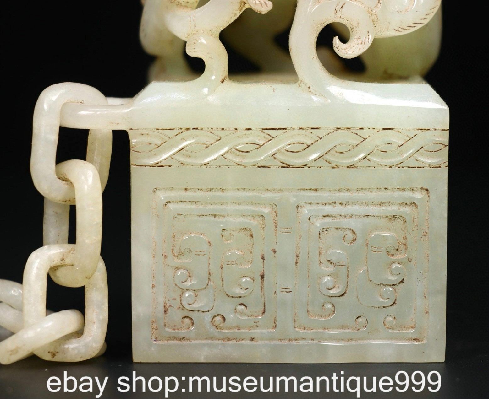 3.8" Old Chinese Hetian White Jade Carving Dragon Beast Seal Stamp Signet Set