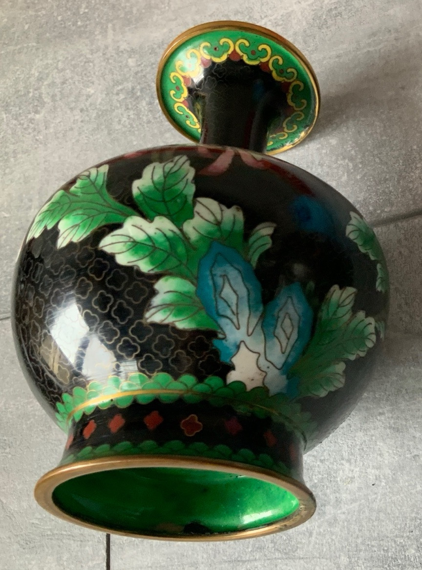 Lot Of 4 CLOISONNE Noir Enamel On Brass Variety Shapes Vases Vintage & Antique