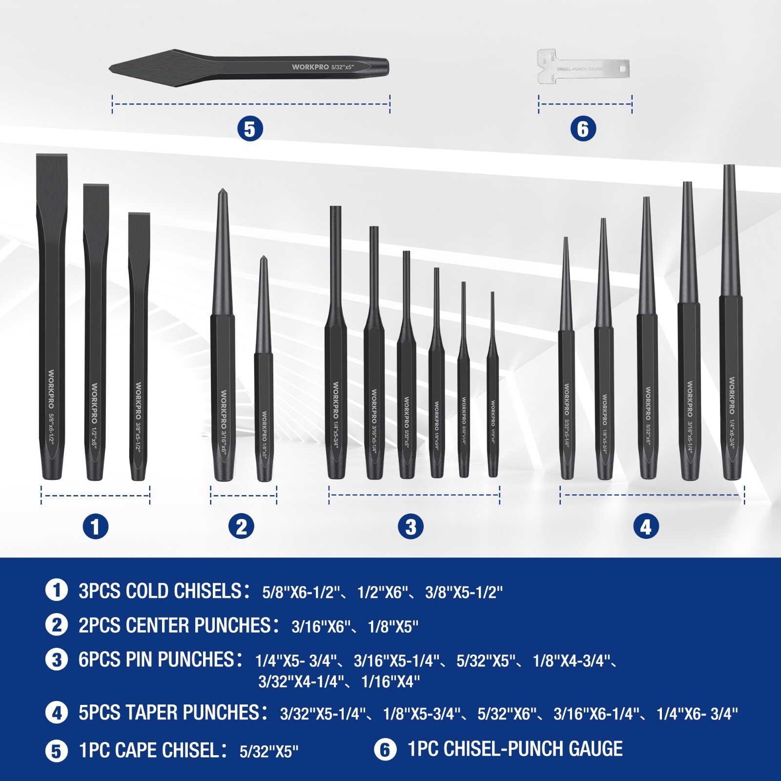 WORKPRO 30-Piece Heavy Duty Punch and Chisel Set with Pouch