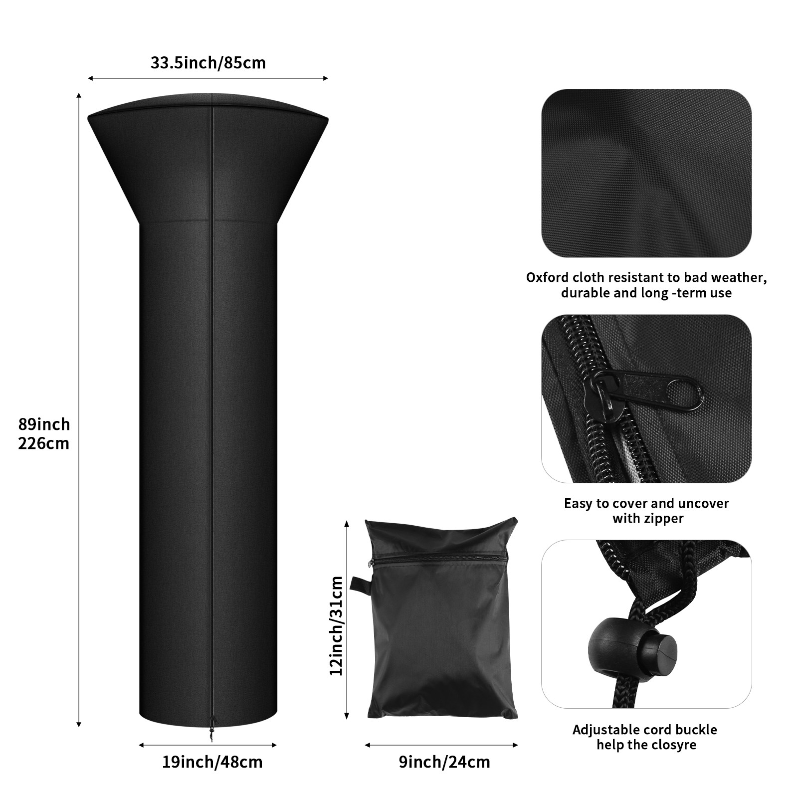 89''H Patio Heater Cover for Waterproof Standup Round Tall Heater Zipper New